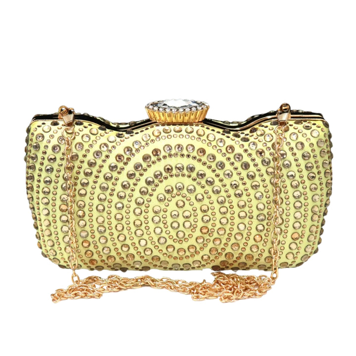 Bolsa de festa dourada com aplicação de cristais e fecho em pedra central, interior em tecido dourado elegante - loja Bolsa Clutch
