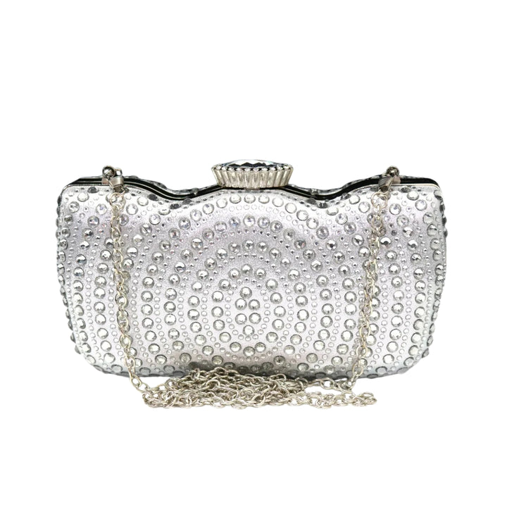 Bolsa clutch prata com pedrarias em relevo, fecho joia e alça metálica, perfeita para festas de casamento, formaturas e eventos sofisticados - loja Bolsa Clutch