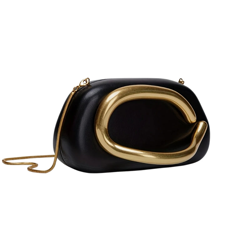 Bolsa clutch festa preta dourada. Design moderno com alça de mão dourada curva integrada e alça de corrente. Ideal para eventos.