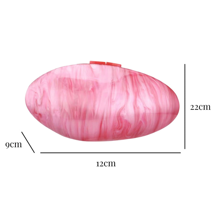 Medidas externas da Bolsa de festa pequena rosa com acabamento marmorizado perolado e corrente dourada fina, design sofisticado e moderno – loja Bolsa Clutch.