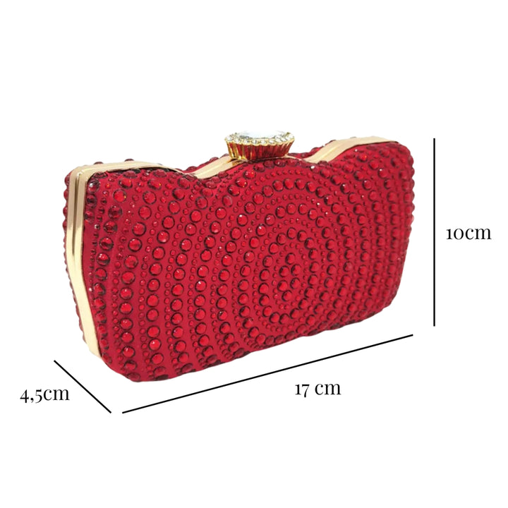 medidas da Clutch vermelha com brilho intenso e pedras cravejadas, moldura e alça em dourado, ideal para looks noturnos impactantes - loja Bolsa Clutch