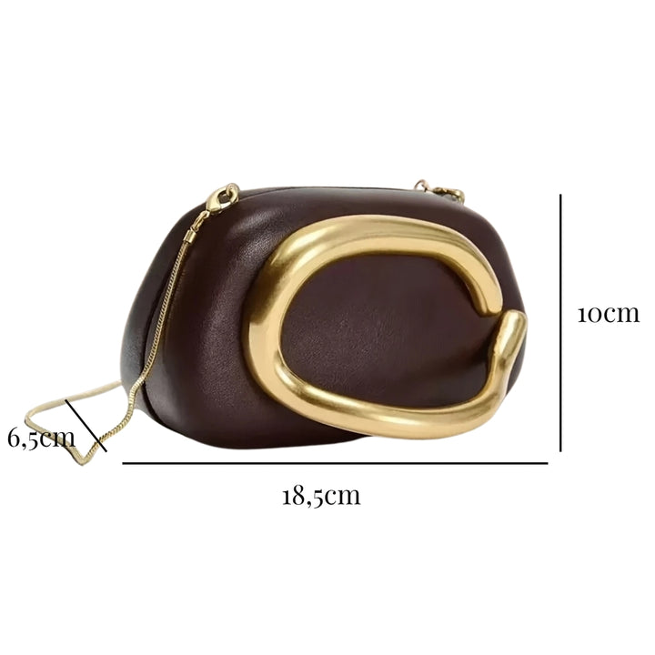 Medidas externas da Bolsa de mão para festa clutch vermelha e dourada. lindo Design moderno com alça de mão dourada curva integrada e alça de corrente. Ideal para eventos.