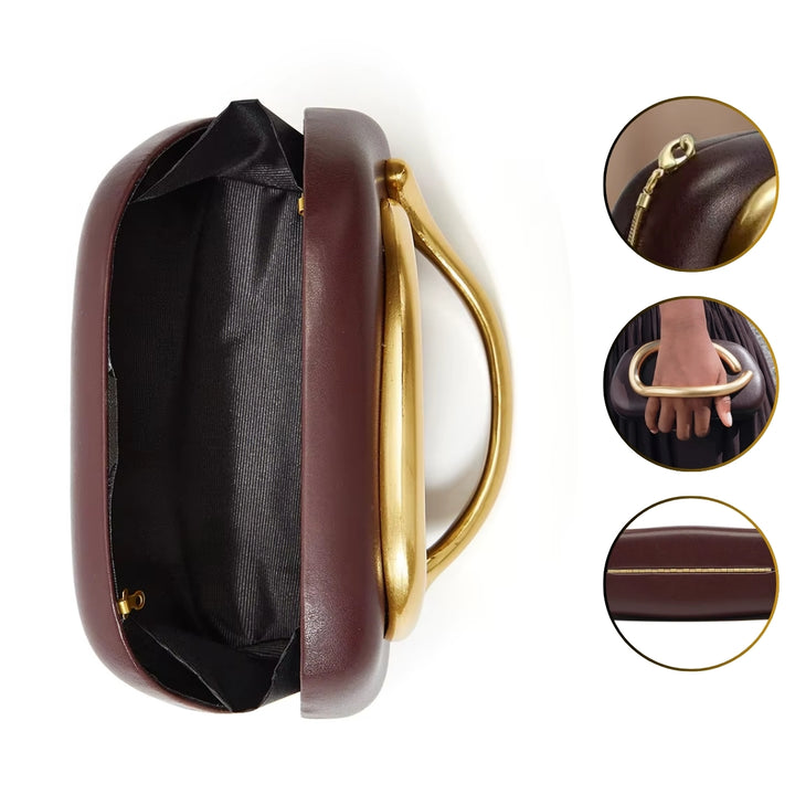 Interior e detalhes da Bolsa de mão para festa clutch vermelha e dourada. lindo Design moderno com alça de mão dourada curva integrada e alça de corrente. Ideal para eventos.